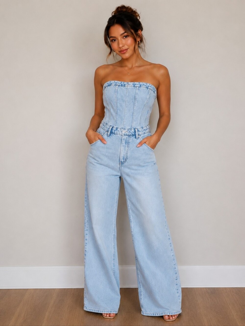 ZARA Light Blue Denim Strapless Wide-Leg Blogger's Favorite Jumpsuit Sz Large